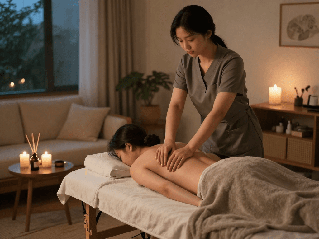Professional 서대문출장마사지 in a cozy home setting with warm lighting and calming ambiance.