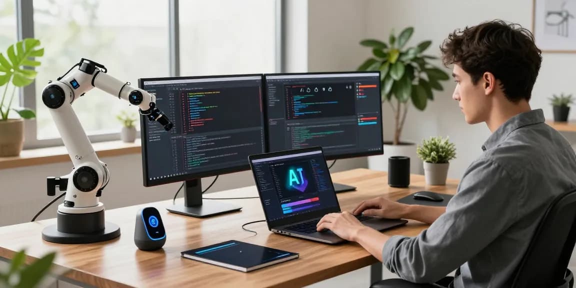 Professional developer in a modern workspace focusing on an AI laptop with dynamic programming interfaces.
