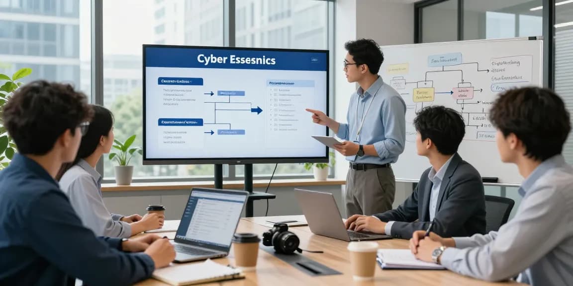 Team collaborating to get Cyber Essentials certified with step-by-step process and compliance details.
