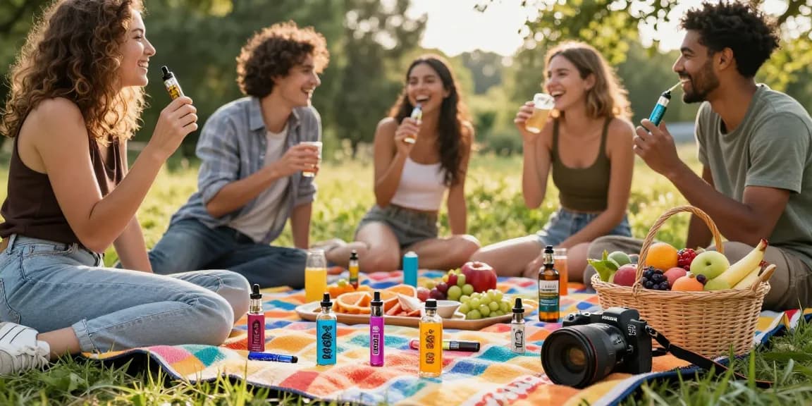 THC vapes UK showcased in a joyful outdoor picnic with friends, featuring organic wellness products and vibrant fruits.