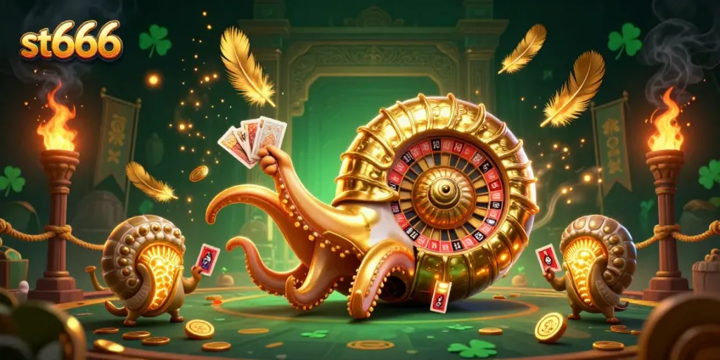 Experience thrilling gameplay with st666 as ancient nautilus and golden elements immerse you in the casino atmosphere.