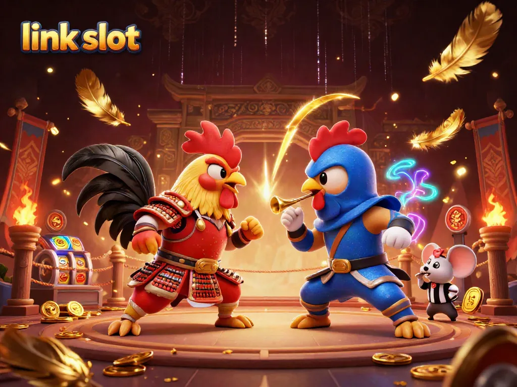 Experience a thrilling link slot showdown with roosters in samurai and ninja gear in a vibrant casino scene.