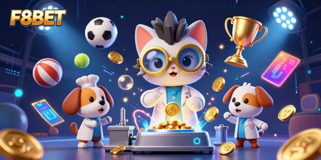 Experience thrilling gameplay with F8BET in an energetic casino scene filled with gold coins and sports balls.