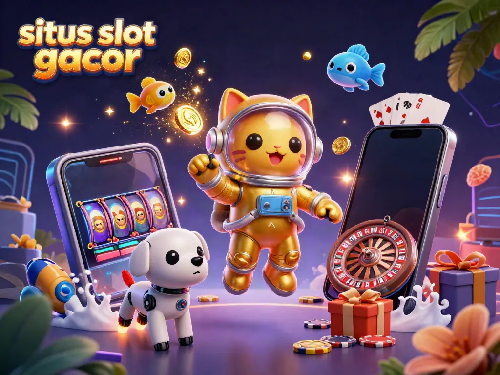Explore the vibrant universe of situs slot gacor with dynamic gambling-themed elements in a whimsical setting.