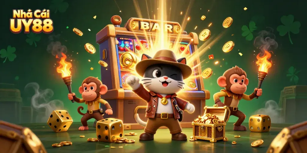 Experience the thrill at Nhà Cái UY88 with an adventurous cat exploring golden treasures in a vibrant casino