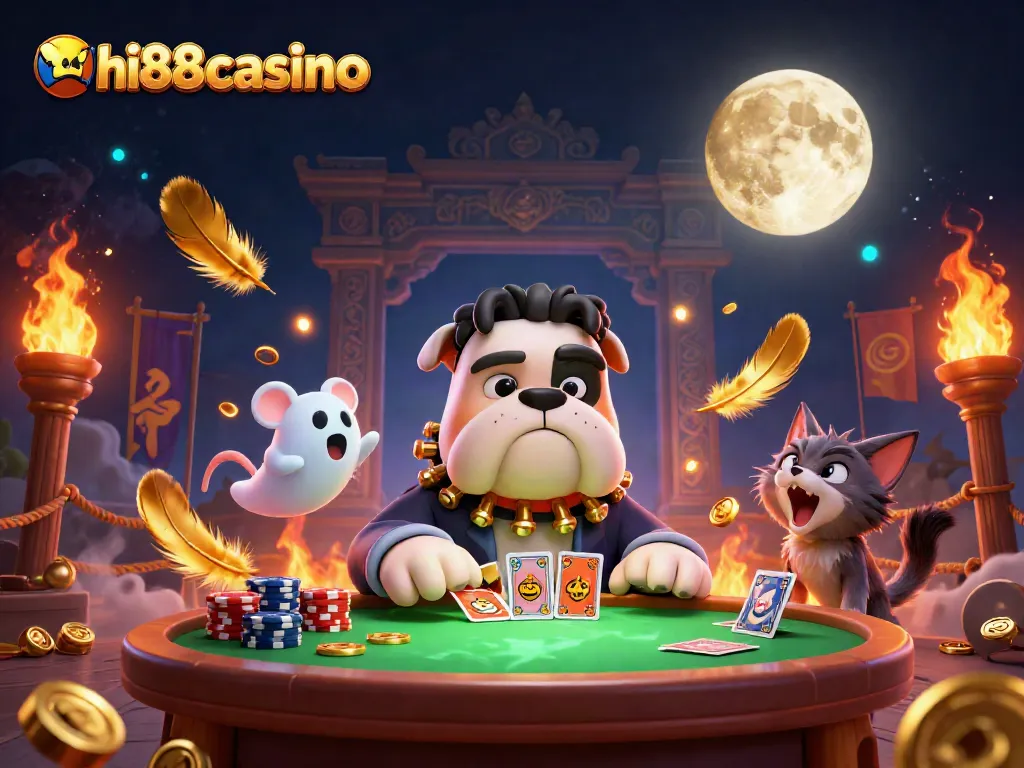 Engage with hi88casino's thrilling atmosphere as a bulldog deals cards amidst swirling golden effects.