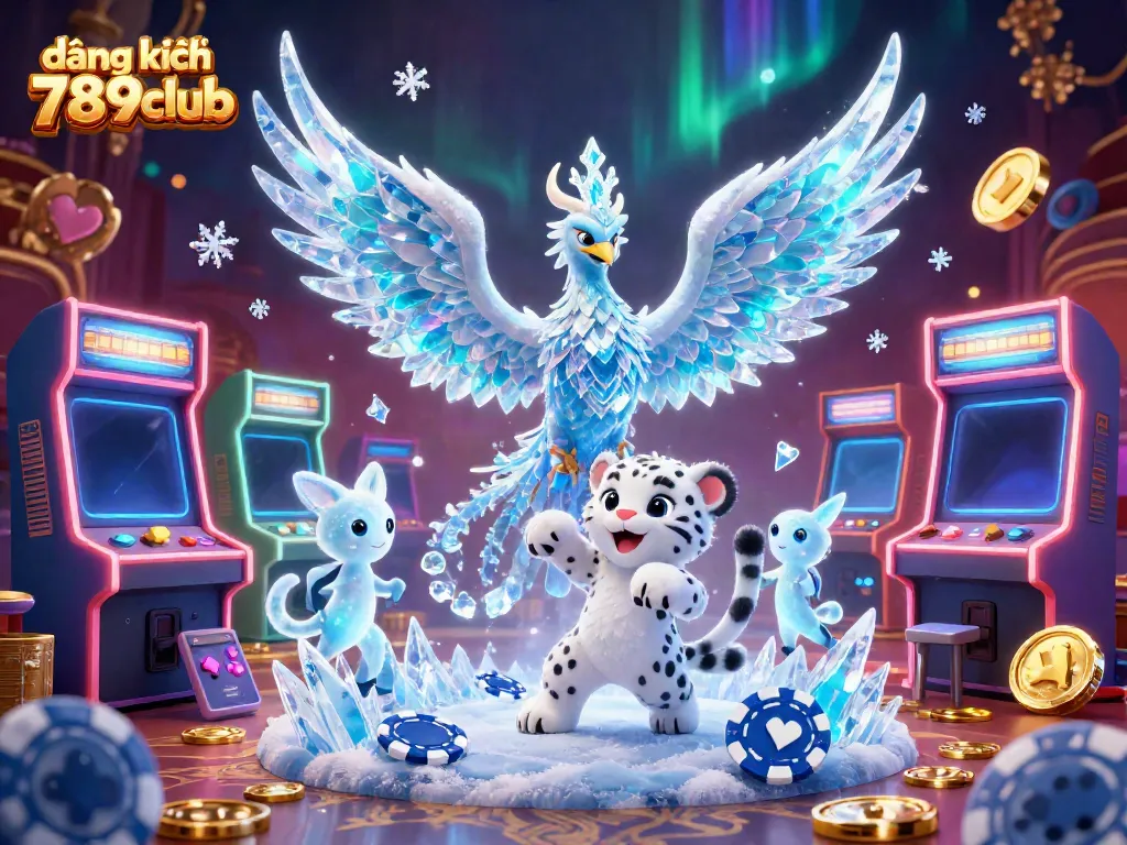 Engage in đăng ký 789club with an ice phoenix and snow leopard cub in a vibrant casino scene.