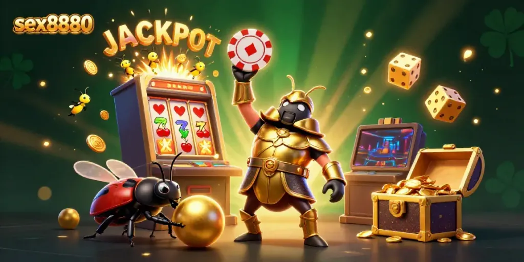 Engage with exciting games at sex8880, featuring a 3D beetle champion celebrating a jackpot.