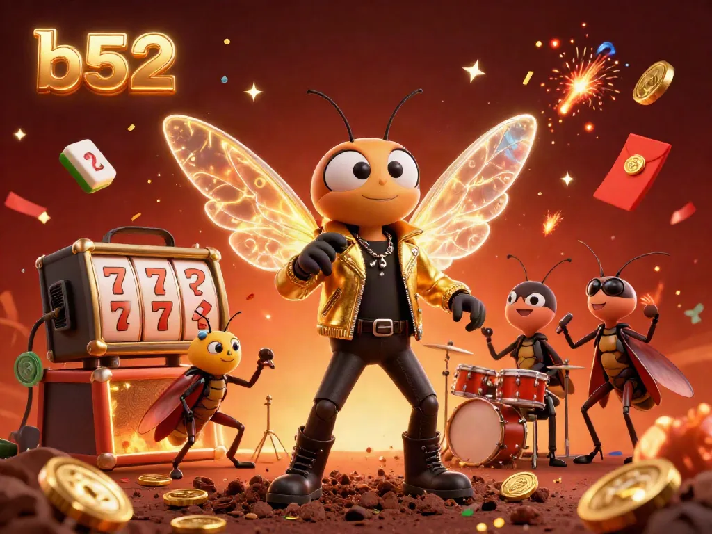 Experience thrilling b52 gaming action with a cartoon rock star and dynamic casino elements.