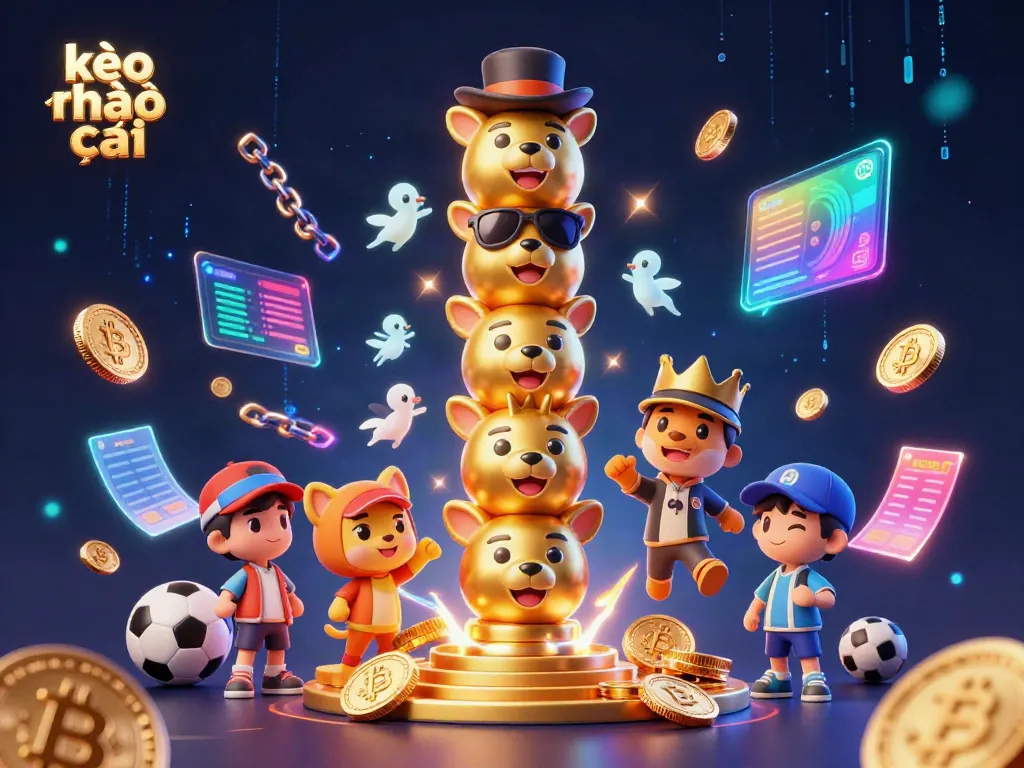 Experience the excitement of kèo nhà cái with vibrant sports betting and cryptocurrency elements, showcasing dynamic totem pole characters.