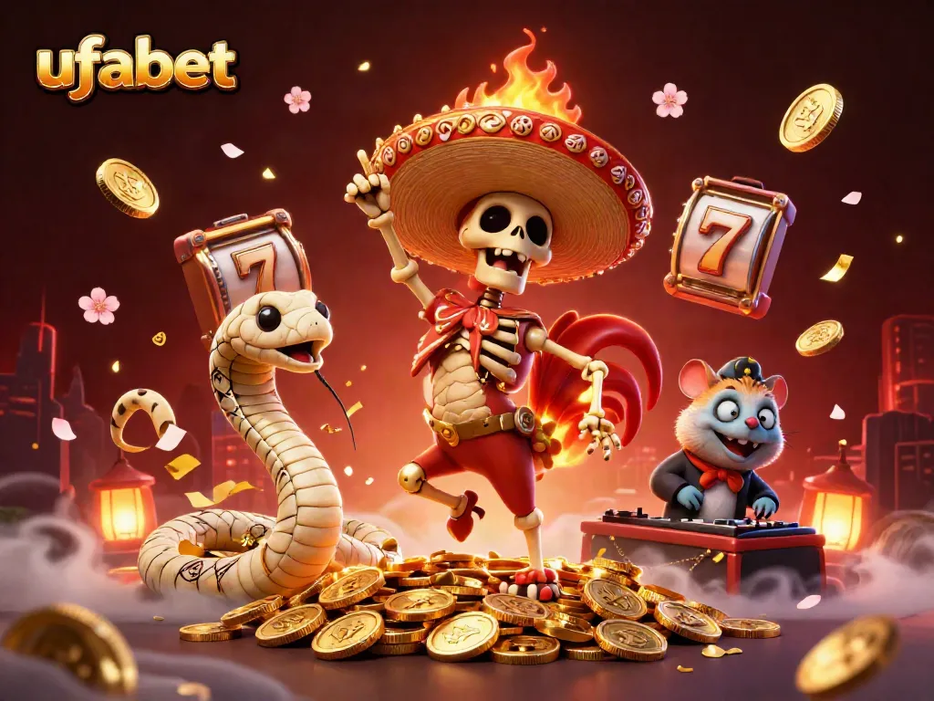 Engage with ufabet through animated gambling fun featuring a mariachi rooster, mummy snake, and DJ hamster.