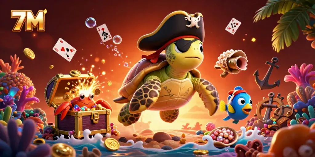 Engage in thrilling gameplay with 7M as the pirate turtle navigates through endless treasures.