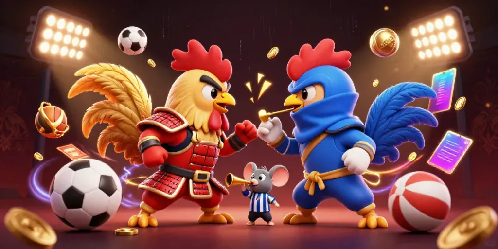 Experience the excitement of LV88 MONSTER with twin fighting roosters amid vibrant casino elements.