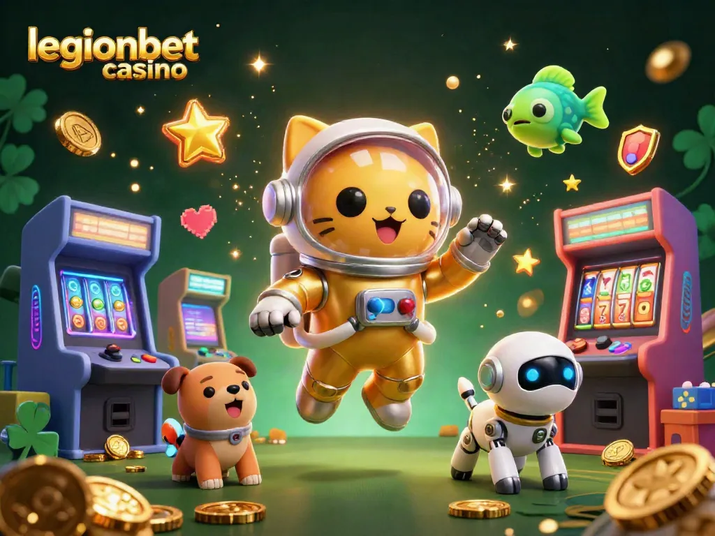 Engage with the thrilling universe of legionbet casino featuring a space cat and robot dog amidst arcade excitement.