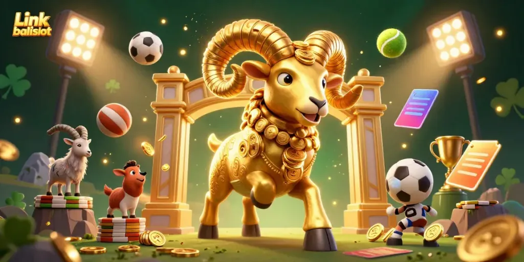 Experience the thrill of Link balislot with a charging golden ram amidst a dynamic casino scene.