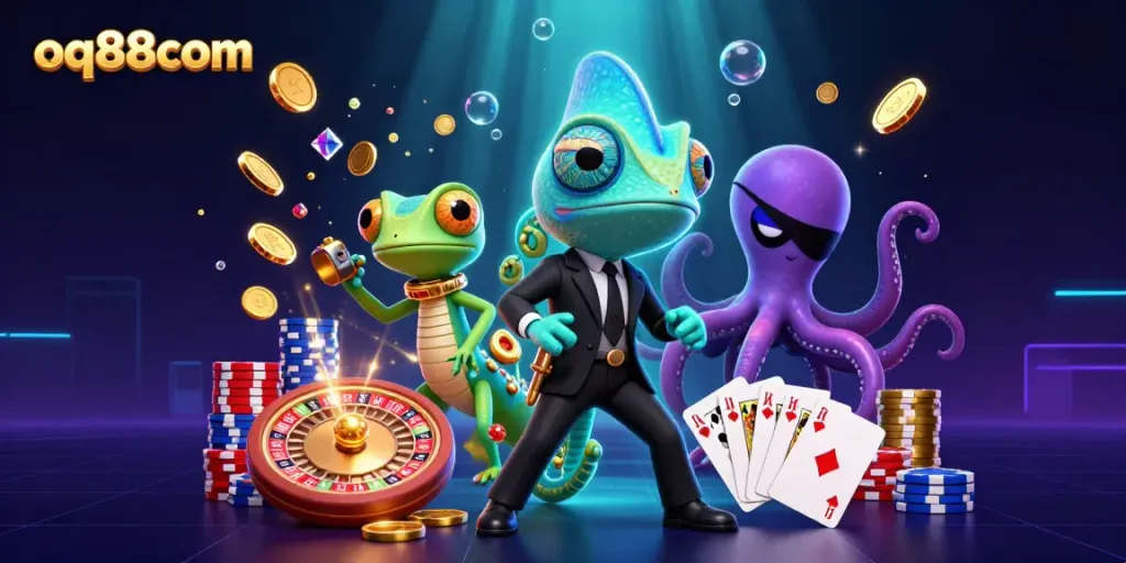 Experience thrilling gaming excitement at qq88com with animated casino elements and characters.