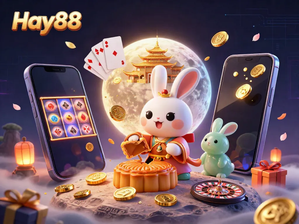Experience thrilling gaming adventures with Hay88 featuring a moon rabbit in a vibrant casino scene.