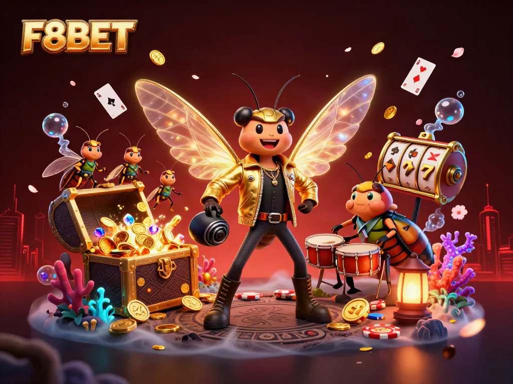 Experience exciting games at F8BET with a vibrant 3D casino scene filled with characters and gold treasures.