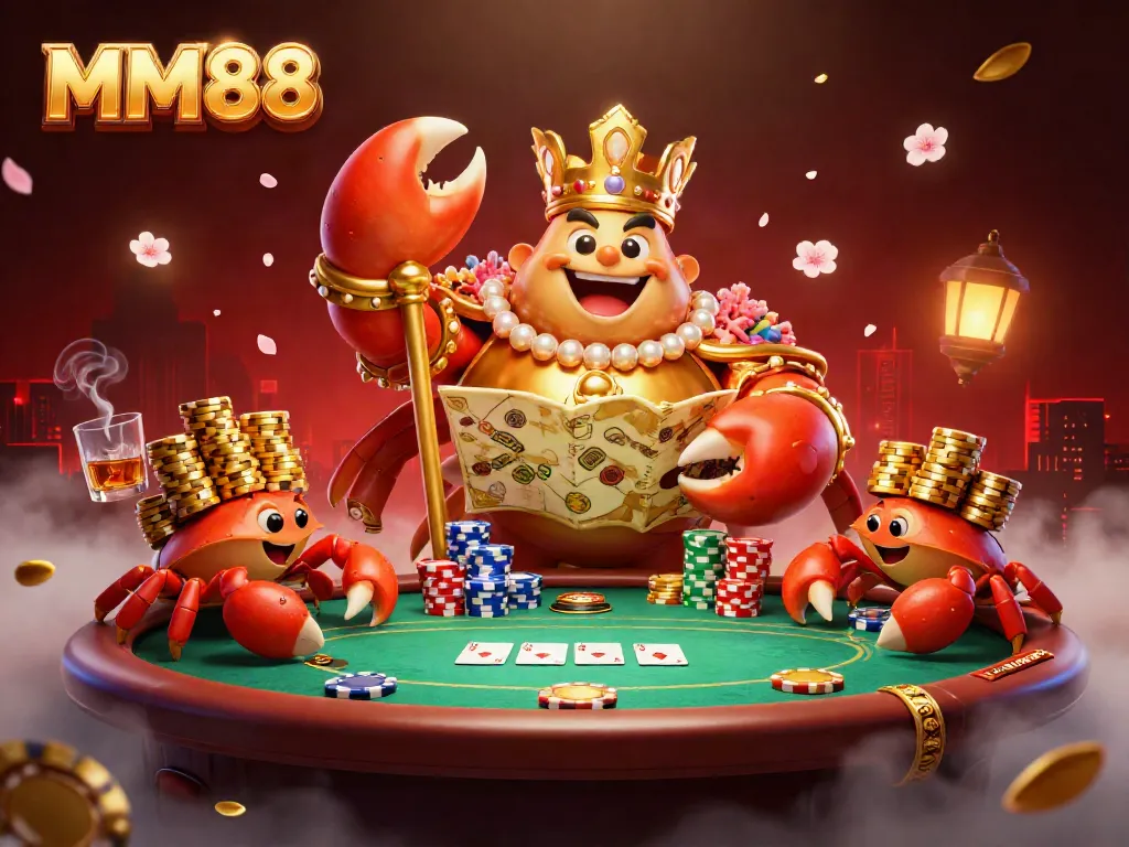 Experience the vibrant atmosphere of MM88 casino with a golden crab emperor ruling over a dynamic poker scene.