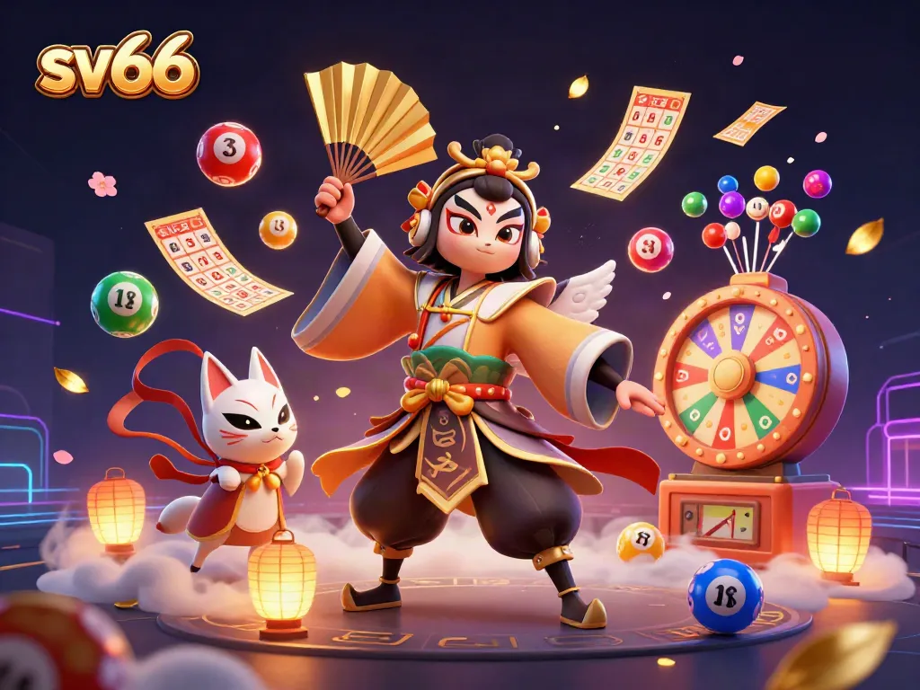 Experience the excitement of sv66 with colorful lottery elements and dynamic characters in this vibrant 3D illustration.