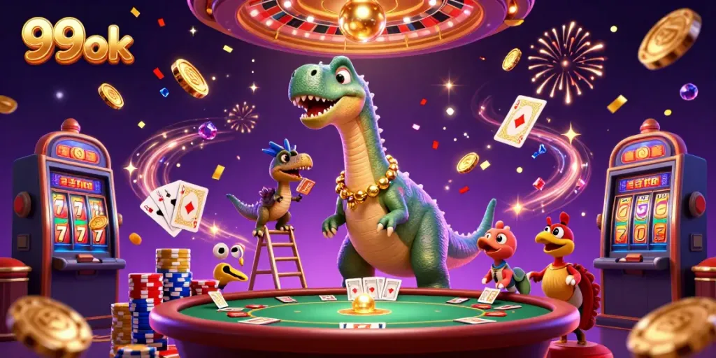 Engage with thrilling casino action at 99ok featuring a humorous dinosaur dealer