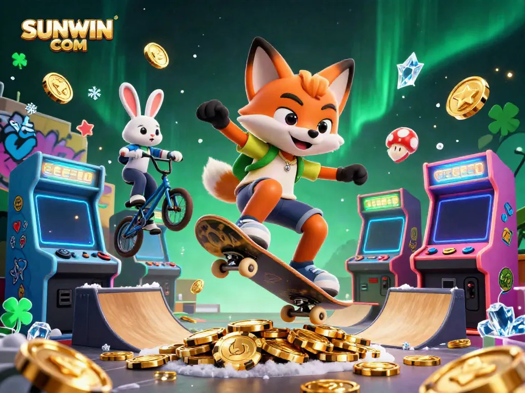 Experience thrilling online gambling with SUNWIN COM, a vibrant scene featuring cartoon characters in a lively casino game.