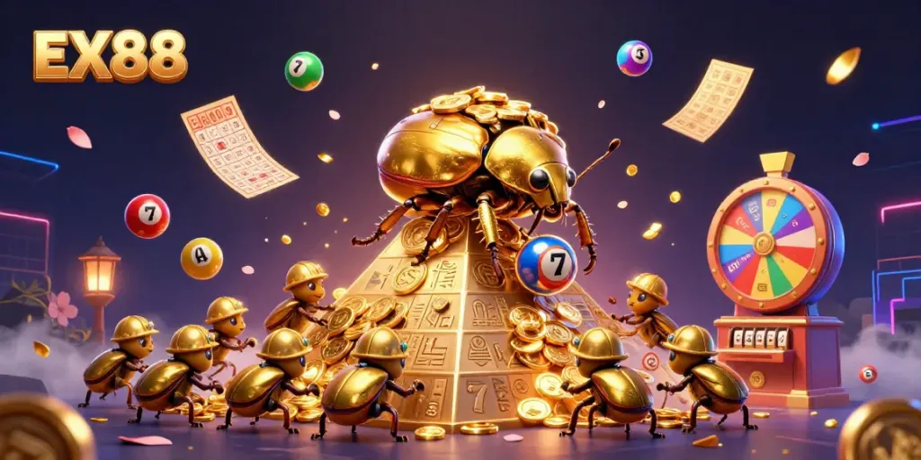 Experience the excitement of EX88 with a vibrant 3D illustration of a golden beetle and casino-themed elements.