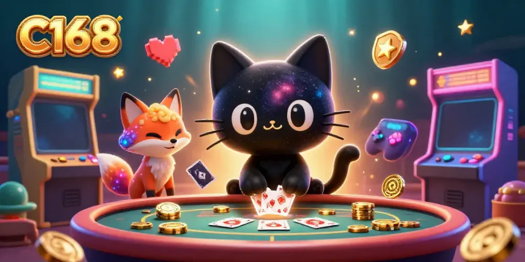 Experience C168’s cosmic casino scene with a black hole cat and nebula fox winning chips at the table.