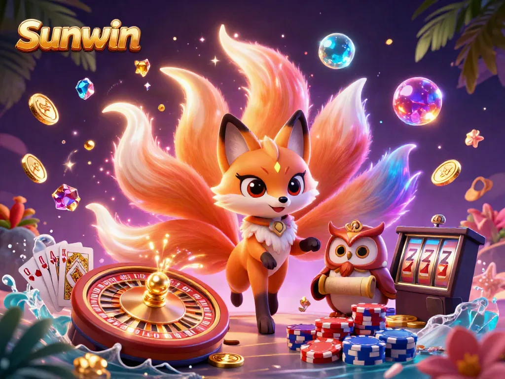 Experience thrilling gameplay with Sunwin's vibrant illustration of a mystical fox spirit and owl amidst casino elements.