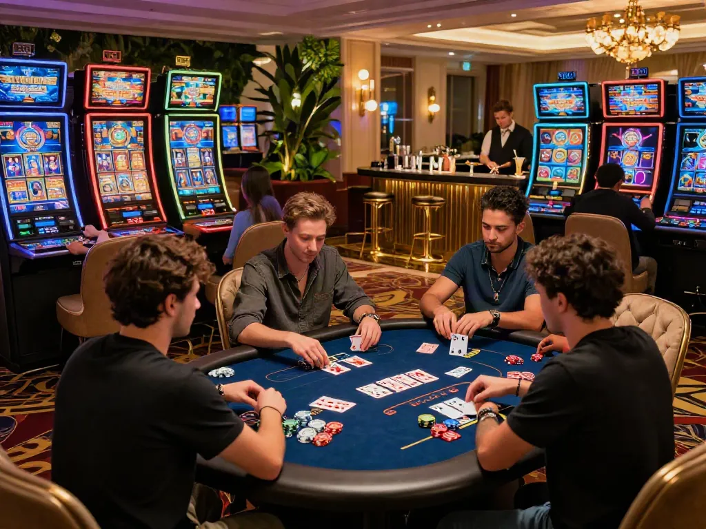 Dynamic casino gaming experience at a credit card casino with players, vibrant slot machines, and luxurious ambiance.