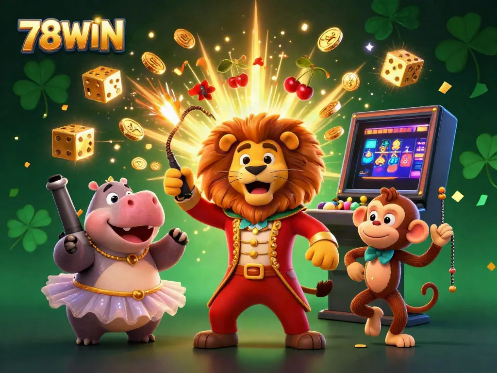 Experience the thrill of 78WIN with vibrant characters and explosive casino action in this colorful 3D illustration.