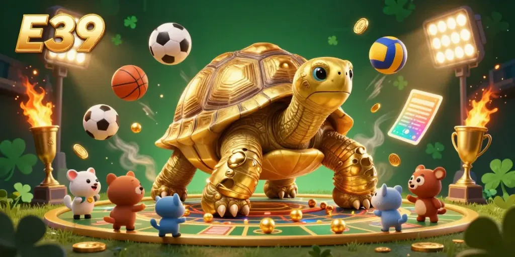 Experience the excitement of E39 gambling with a golden tortoise pinball machine surrounded by dynamic sports elements.