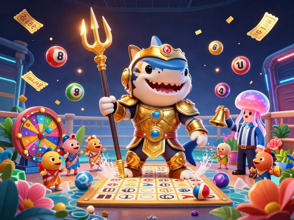 Experience thrilling underwater gambling with aau882's dynamic casino adventure featuring a tiger shark and colorful lottery elements.