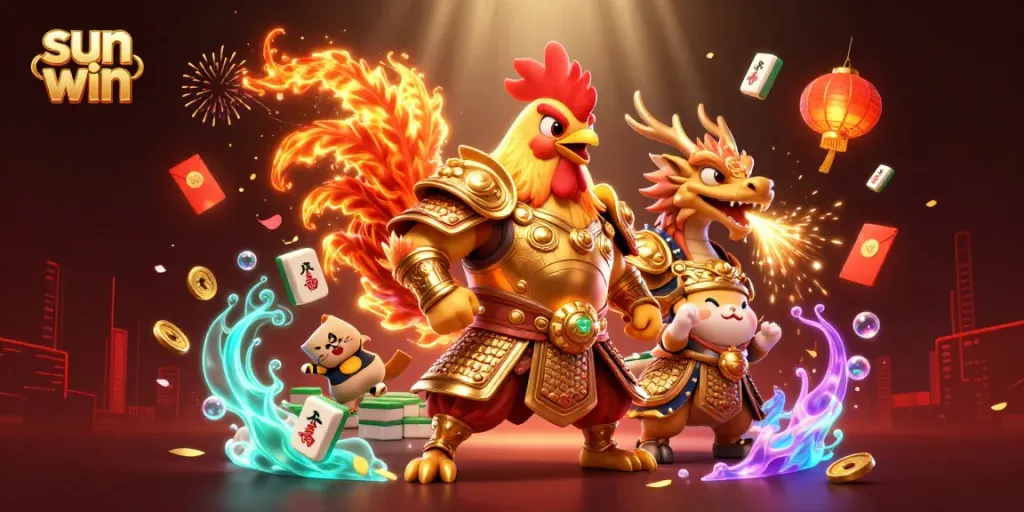 Engage with sun win, featuring a powerful rooster warrior and dragon hatchling amidst dynamic casino elements.