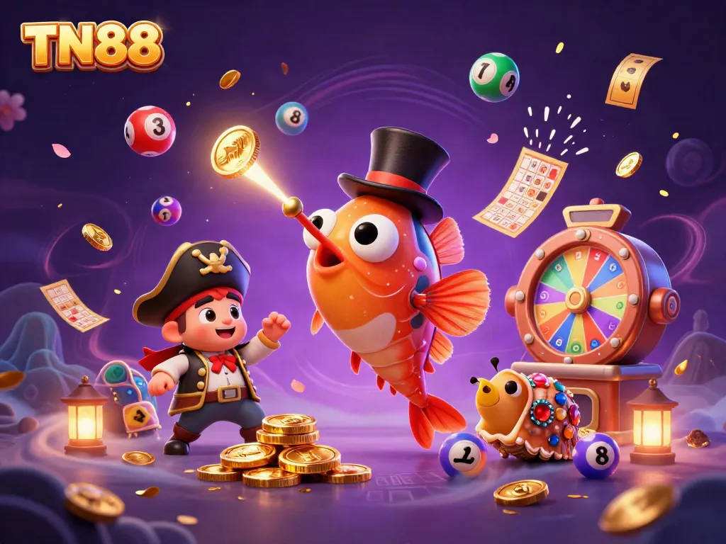 Engaging TN88 illustration with anglerfish, pirate shrimp, and treasure snail amidst casino elements.