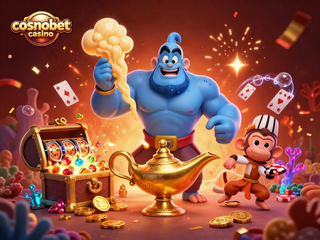 Experience the thrill of cosmobet casino with a magical scene of a genie, treasure, and poker chips.