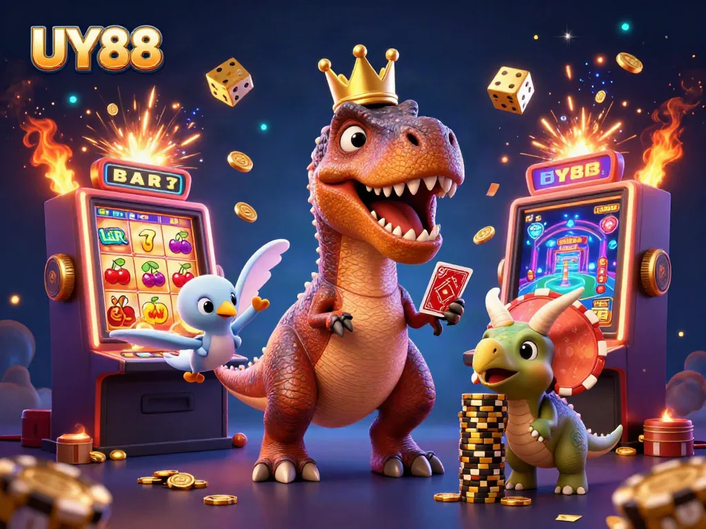 Experience the thrilling UY88 casino world with a vibrant 3D scene of characters engaging in games.