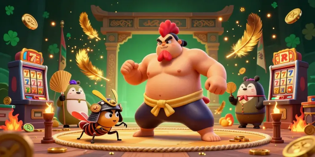 Witness the action at TN88 with sumo wrestler rooster amidst sparkling casino elements.