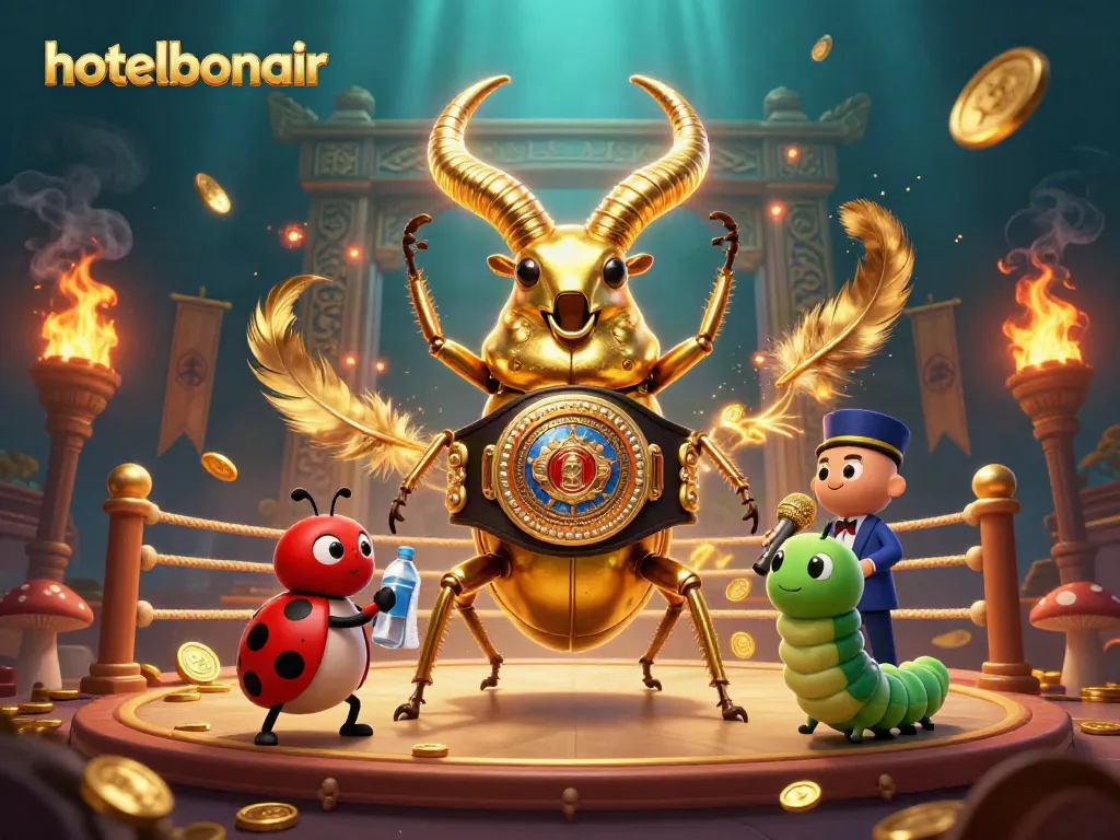 Engage in gaming excitement at hotelbonair showcasing a golden stag beetle champion in a dynamic casino scene.
