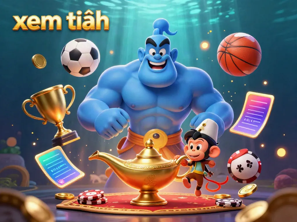 Experience gaming excitement as xem thêm reveals a genie and monkey amidst vibrant sports elements and golden trophies.