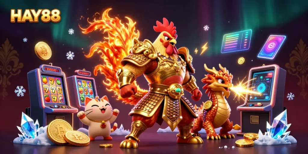 Experience thrilling casino fun with HAY88, featuring vibrant slot machines, crypto coins, and heroic characters.