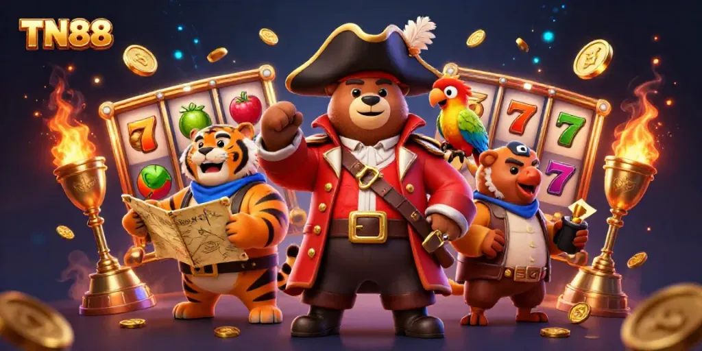 Experience thrilling slots with TN88's captivating characters, including a bear captain and tiger in a vibrant casino setting.