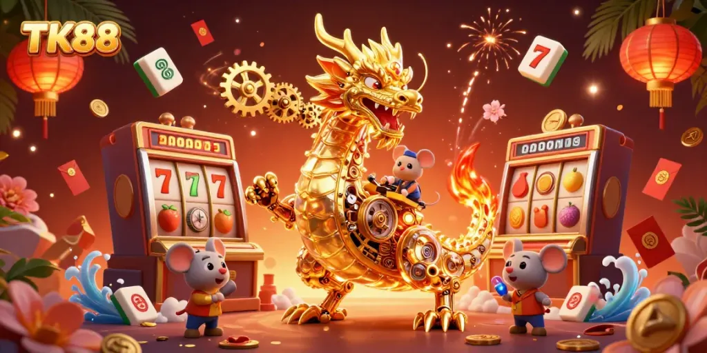Experience luck with TK88 in a vibrant casino scene, featuring a golden dragon and slot machines.