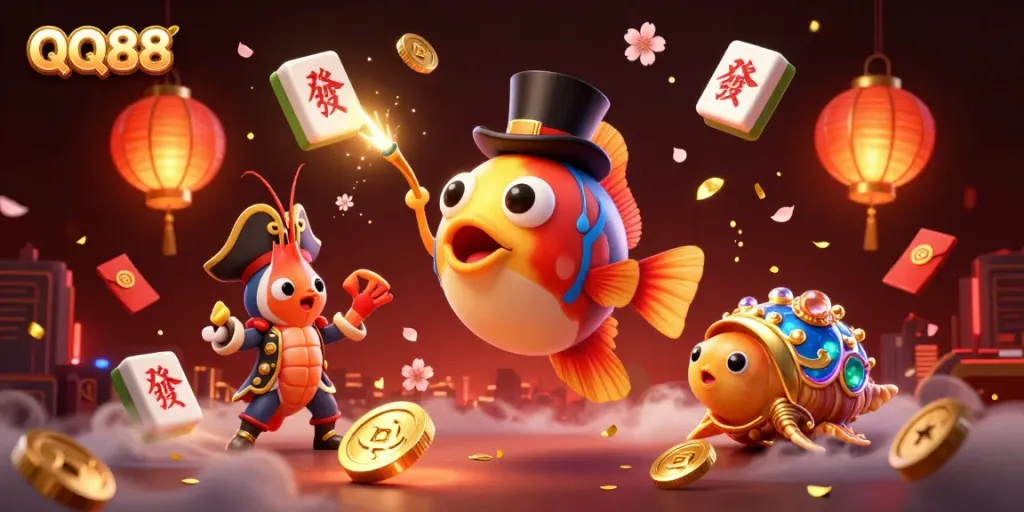 Experience QQ88’s thrilling gaming world with vibrant creatures and rich casino elements.