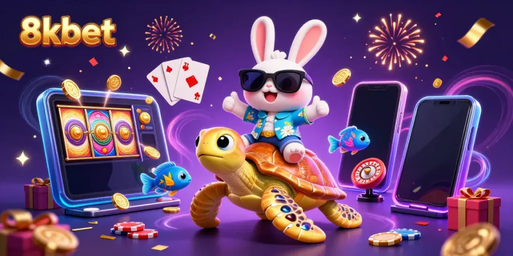 Engage with 8xbet's thrilling games; a cartoon rabbit celebrates with a golden turtle amidst vibrant casino elements.