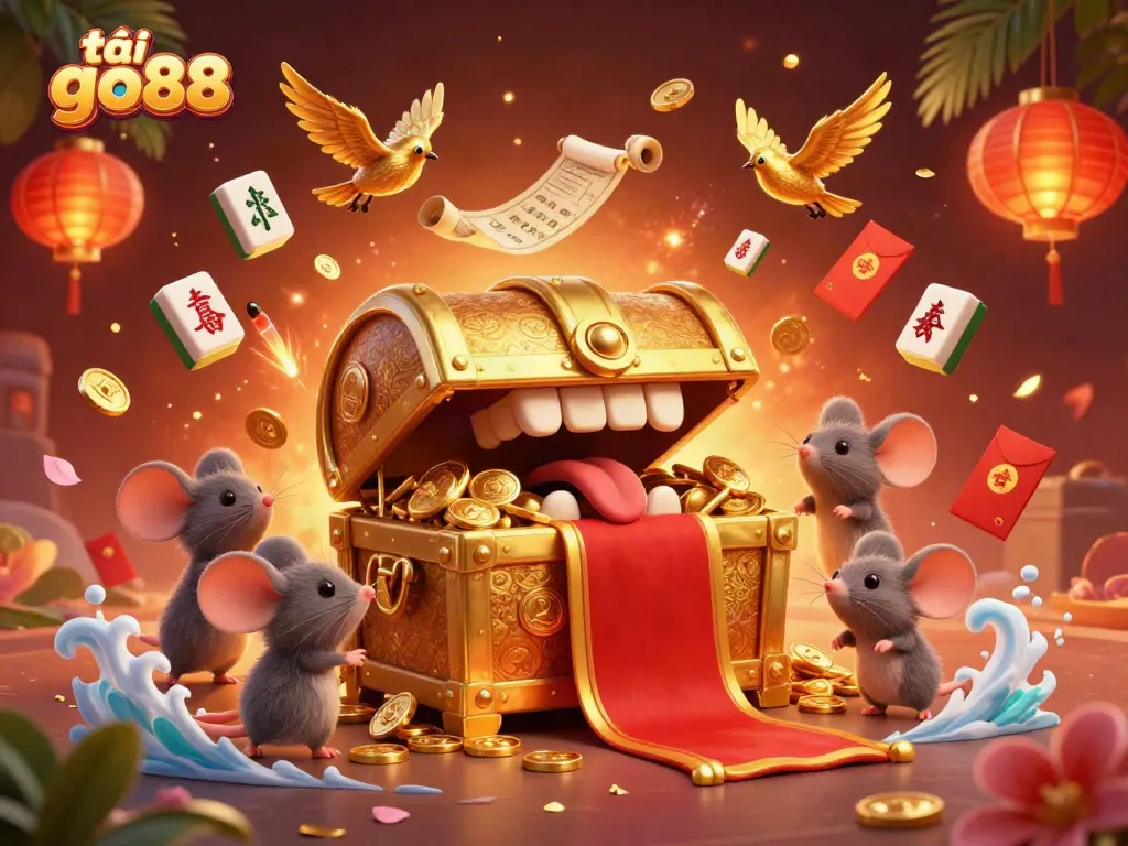 Play and win with tải go88 in this vibrant casino world illustration full of treasures and excitement.