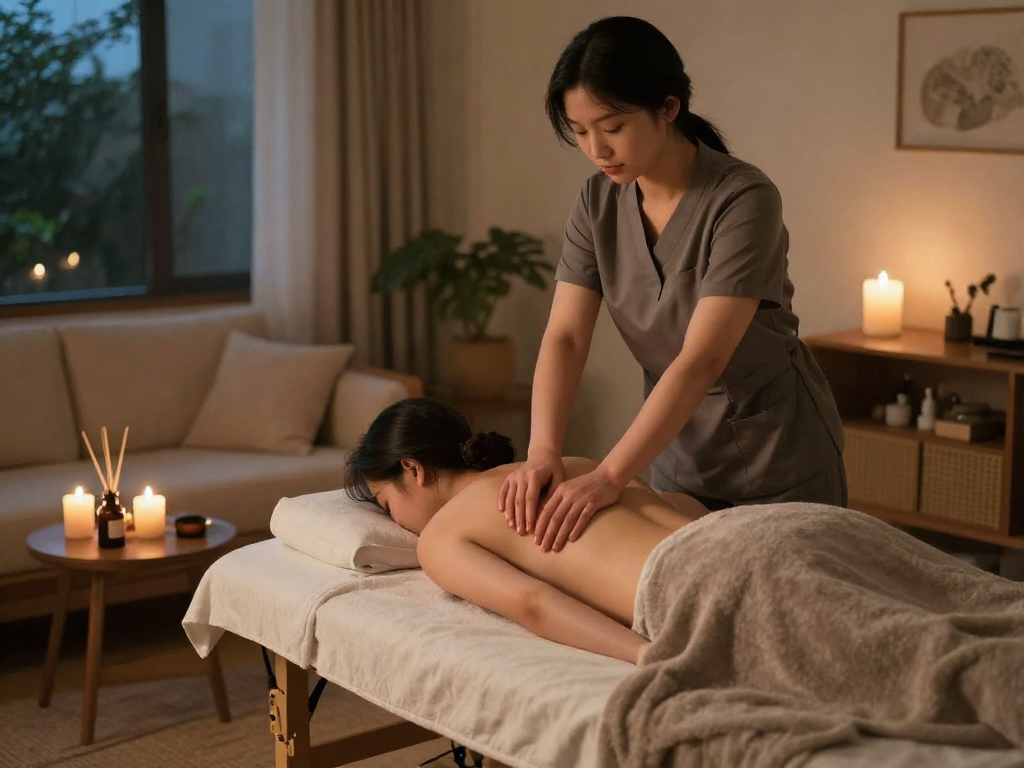 Professional 서대문출장마사지 in a cozy home setting with warm lighting and calming ambiance.