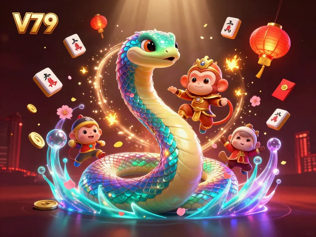 Experience vibrant gameplay at V79 with a magical casino scene featuring a rainbow serpent and playful monkey king.