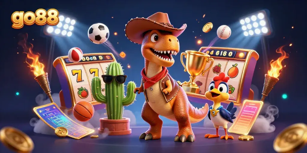 Experience the excitement of go88 with a vibrant 3D casino scene featuring animated characters and jackpot elements.