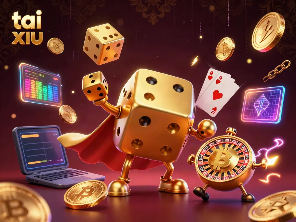 Engage in tai xiu action with a golden dice golem surrounded by vibrant gambling elements.